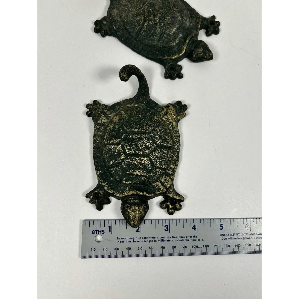 Pair Cast Iron SEA TURTLE Wall Hooks Towel Hanger Ocean Nautical Decor Patina 6